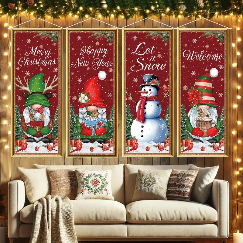 VIKAMA Merry Christmas Banner Gnome Snowman Vertical Wall Hanging Happy New Year Let It Snow Welcome Decor Xmas Holiday Gift
