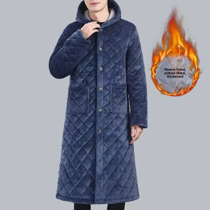 Men's Long Pineapple Pattern Cotton Jacket Hooded Thickened Winter Clothes Three-layer Cotton Padded Sleepwear Home Clothes