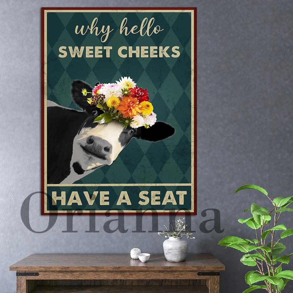 Hello Sweet Cheeks Have A Seat Funny Bathroom Retro Canvas Poster, Cow Bathroom Decor, Bathroom Wall Art, Print Bath Wall Decor,