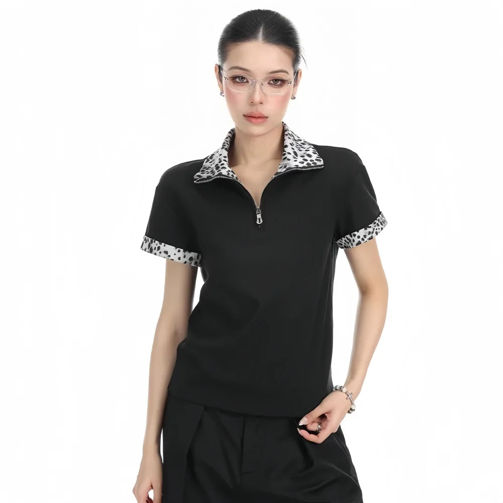 Women's Polo Shirt Leopard Print Patchwork Half Zipper Women's Short Sleeve Polo Women T Shirts 2026 Summer New Women Golf Wear