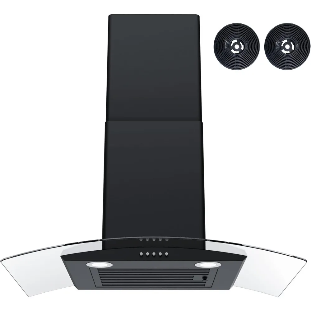 30 Inch Black Wall Mount Range Hood 400 CFM 3 Speed Push Button LED Light Stainless Steel Permanent Filters Charcoal