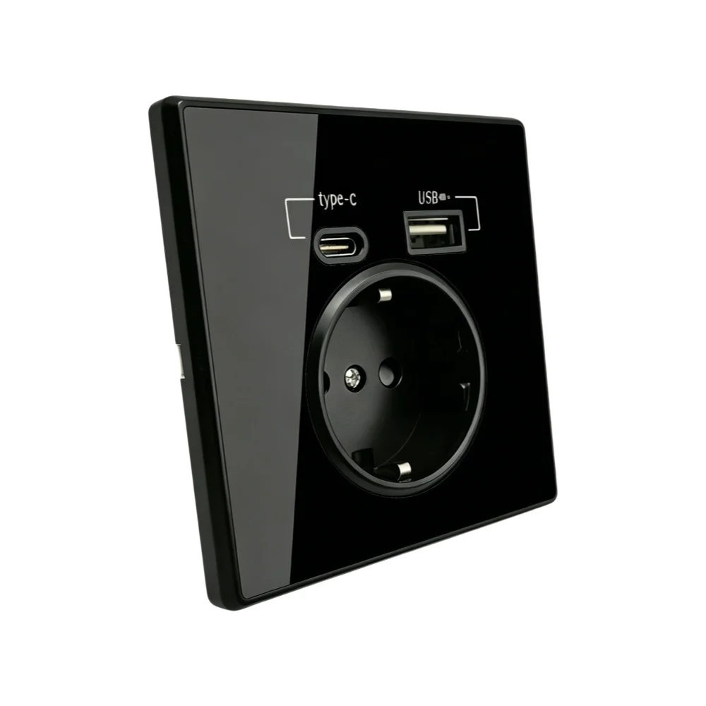 20W PD Typ-C A Schnittstellen-Steckdose Acryl-Spiegel-Kristallplatte Schwarze Wandsteckdose EU Russland Spanien Frankreich mit USB-Ladegerät-Halterung