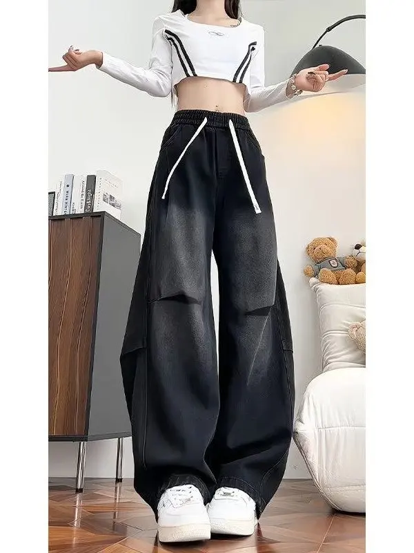 American Style Straight Leg Jeans Men Women Spring Autumn Comfortable Breathable Loose Fit Drawstring Closure Casual Workwear