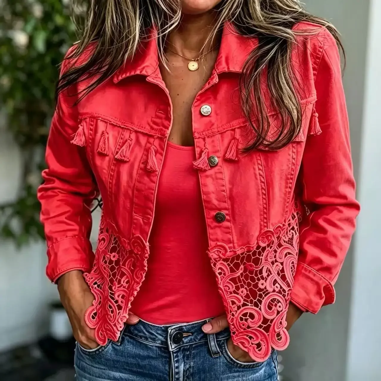 Women Autumn Spring Denim Lace Jackets Long Sleeve Single Breasted Jean Outerwear Coats