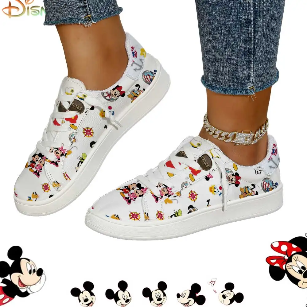 Zapatillas de lona blancas de caña baja con estampado náutico de Mickey y Minnie Mouse de Disney para mujer, zapatos informales