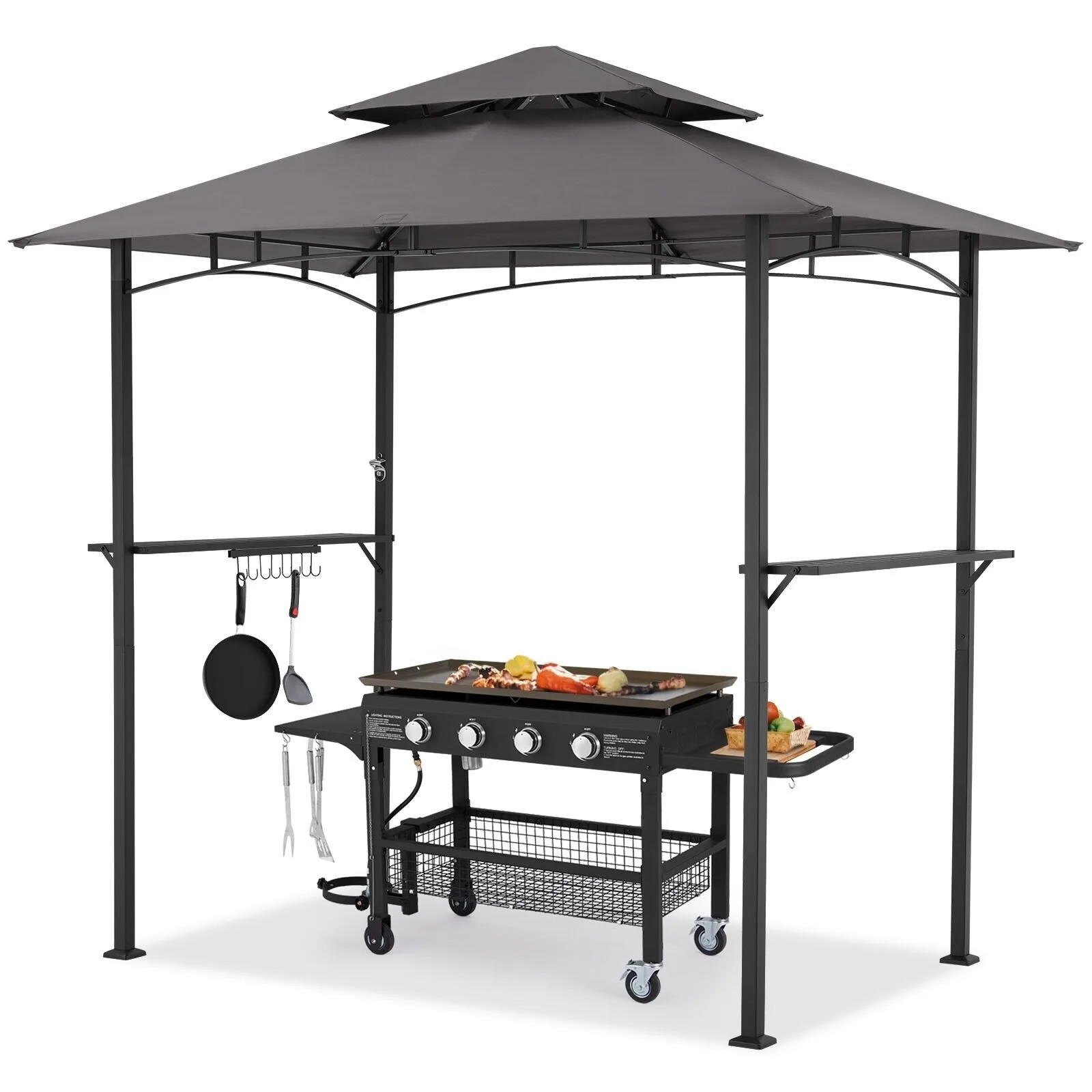 

US 8'x 5' Outdoor Grill Gazebo Barbecue Canopy BBQ Grill Tent w/ Shelves&Hooks Grey