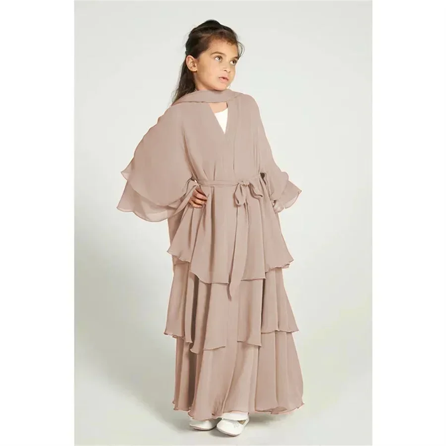 2025 Eid Musulmano Bambini Abaya Ragazze Abito in chiffon Moda Solido Lungo Caftano Abito Arabo Abbigliamento islamico per bambino Abito da preghiera modesto