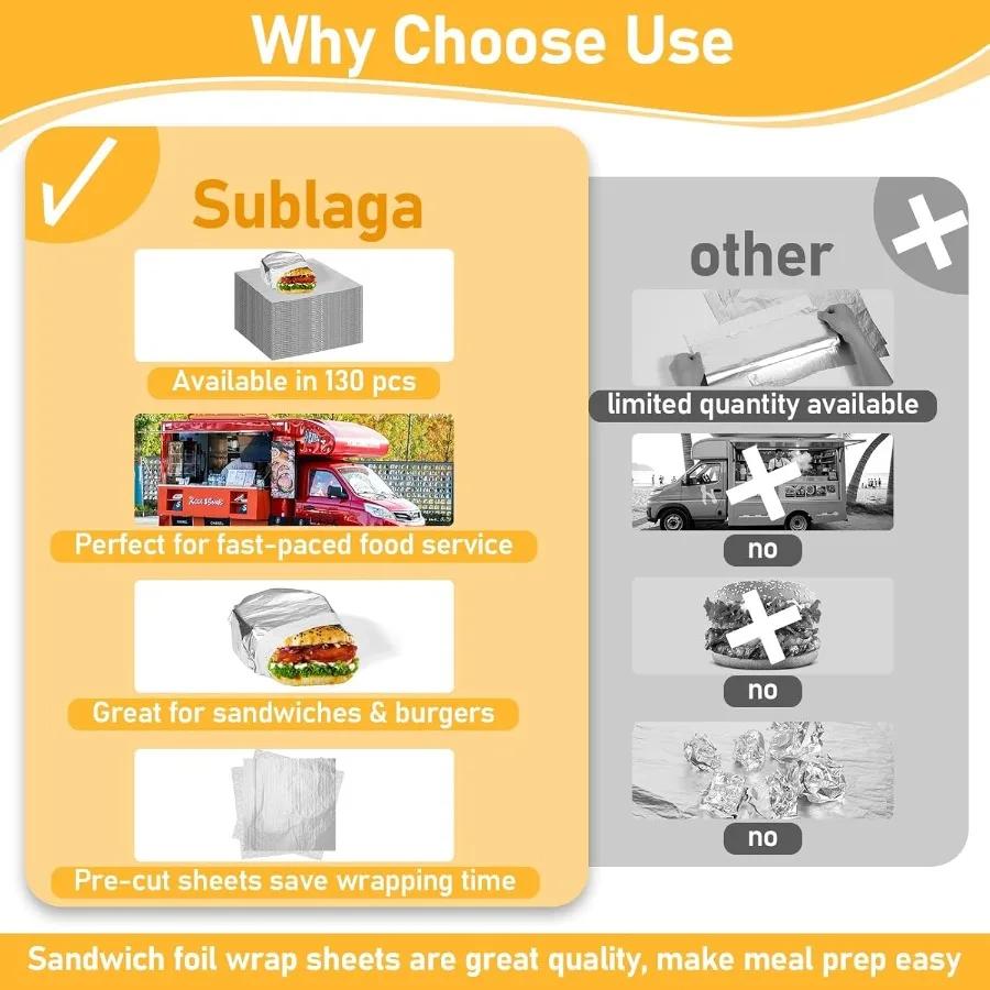 130 عبوة من ورق تغليف الساندويتش العازل من رقائق الألومنيوم مقاس 12 × 12 ورق رقائق مسبق القطع لتخزين المواد الغذائية والنقل المثالي
