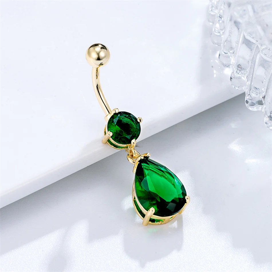 Elegant Green Water Drop Zircon Belly Button Ring Luxury Women Body Jewelry 14G Surgical Steel Navel Piercing Bar Sexy Accessory