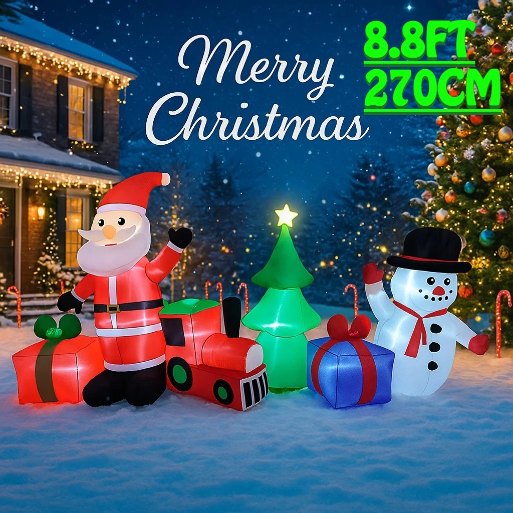 

2.7M/8.8FT Santa Snowman Train Gift Inflatable Model Christmas Decoration LED Lights Holiday Outdoor Decor Home Yard Party Decor