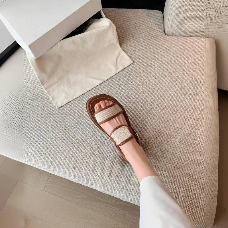 

2026 Summer New Women's Color Block Single Strap Sandals Peep Toe Chunky Heel Thick Sole Retro Casual Beach Slippers