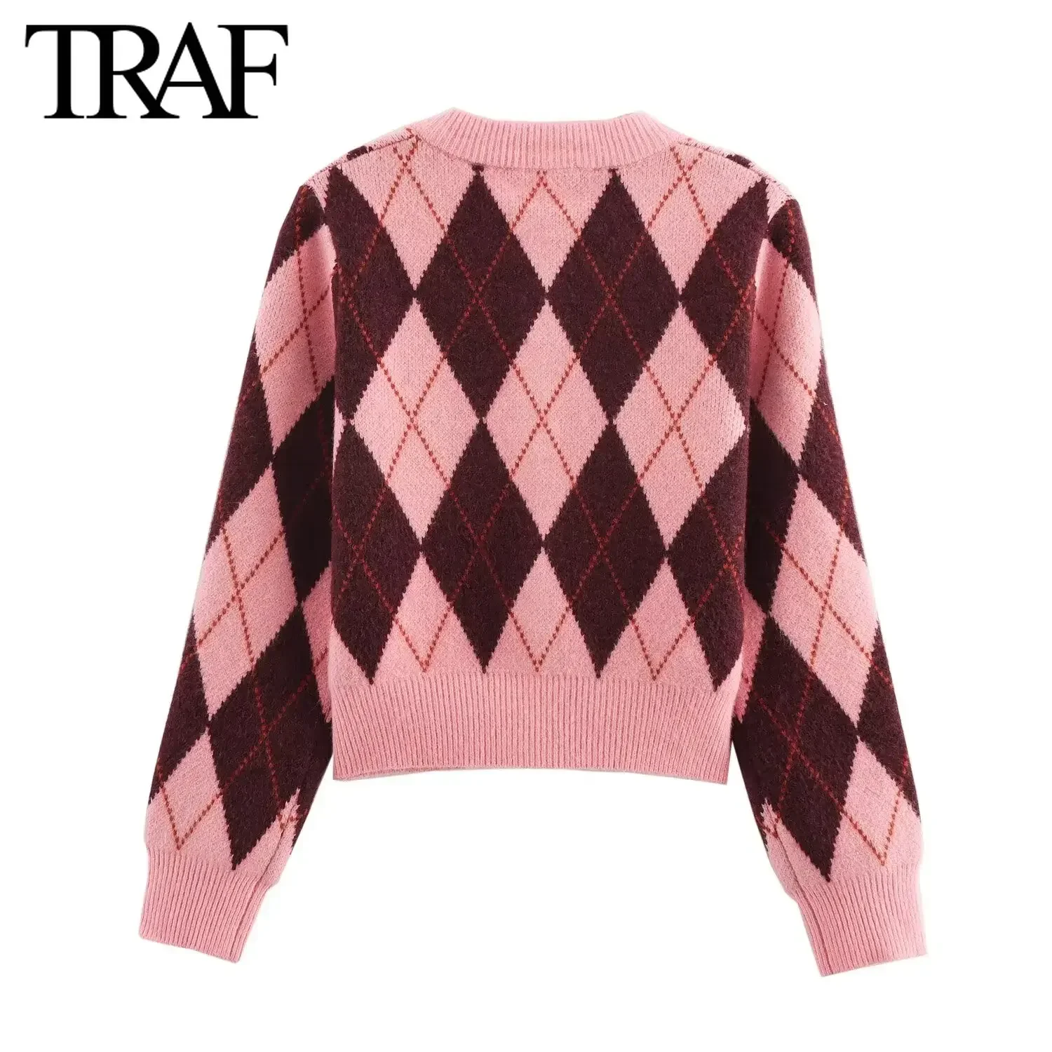 TRAF Jacquard Knitted Cardigan Sweater for Women Fashion Autumn Winter New Argyle Single Breasted Long Sleeve Round Neck Jacket