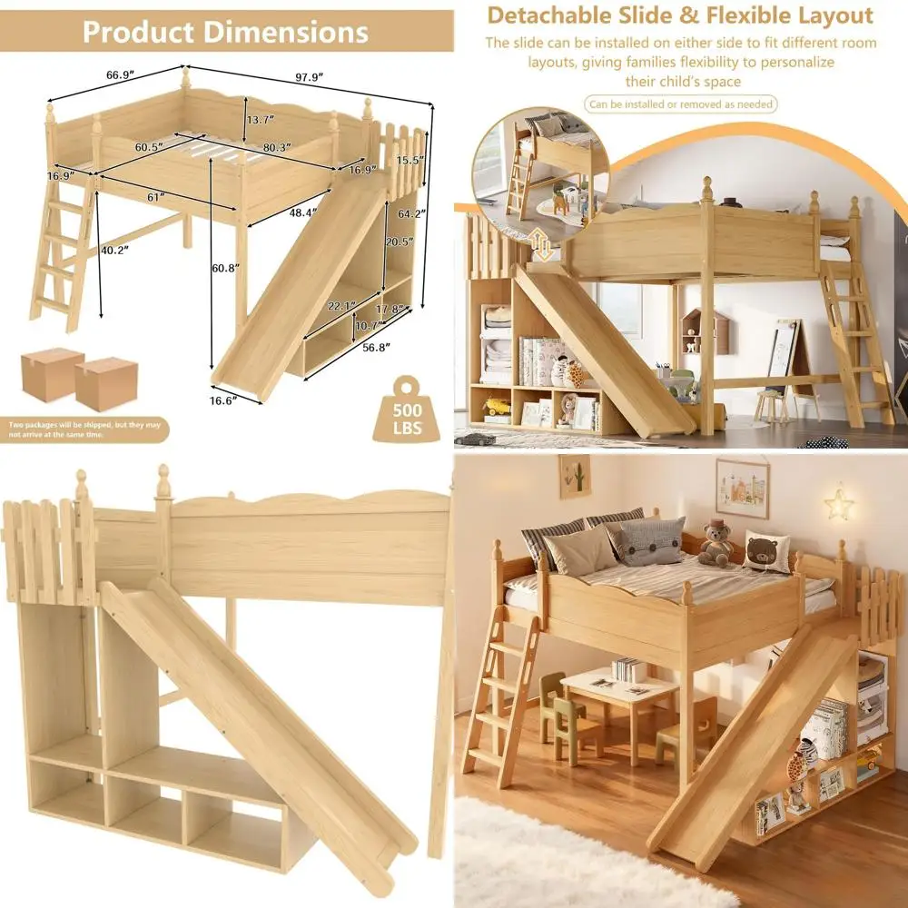 

Eco-Friendly Queen Loft Bed with Storage, Detachable Slide, and Ladders - Suitable for Kids, Girls, Boys, No Box Spring Required
