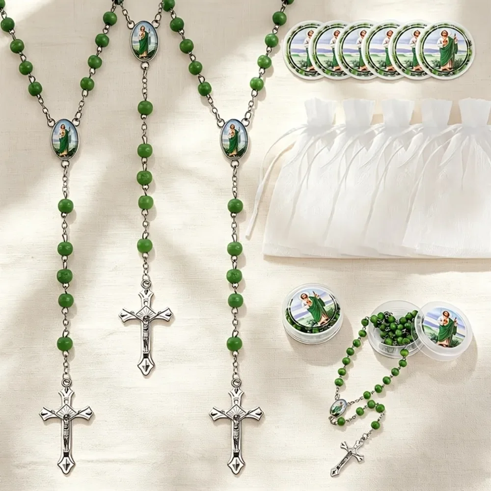 3-12Sets Green Bead St Jude Rosary Necklace with Organza Bags First Communion Baptism Catholic Religious Church Guest Favor Gift