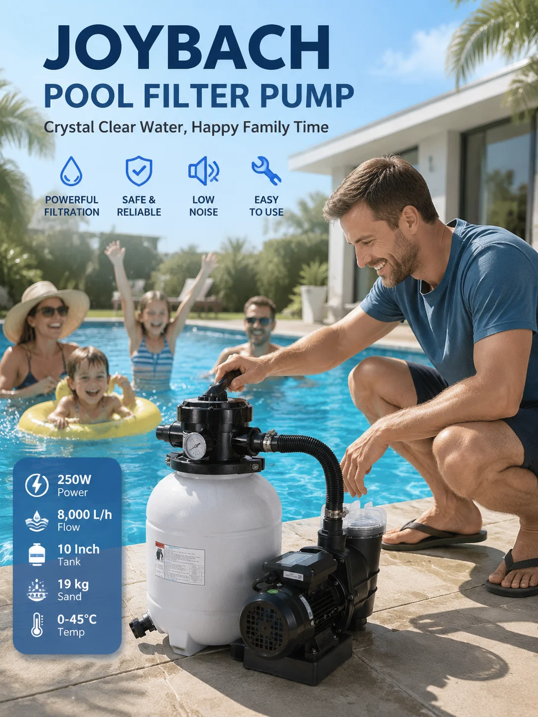 Joybach 12 Zoll Sandfilteranlage Pool Filterpumpe 250W 8000L/h 19kg Sandfilterbehälter 4-Wege-Ventil mit Manometer Effizientes Pool-Filtersystem für Aufstellpool Frame Pool Gartenpool Kristallklares
