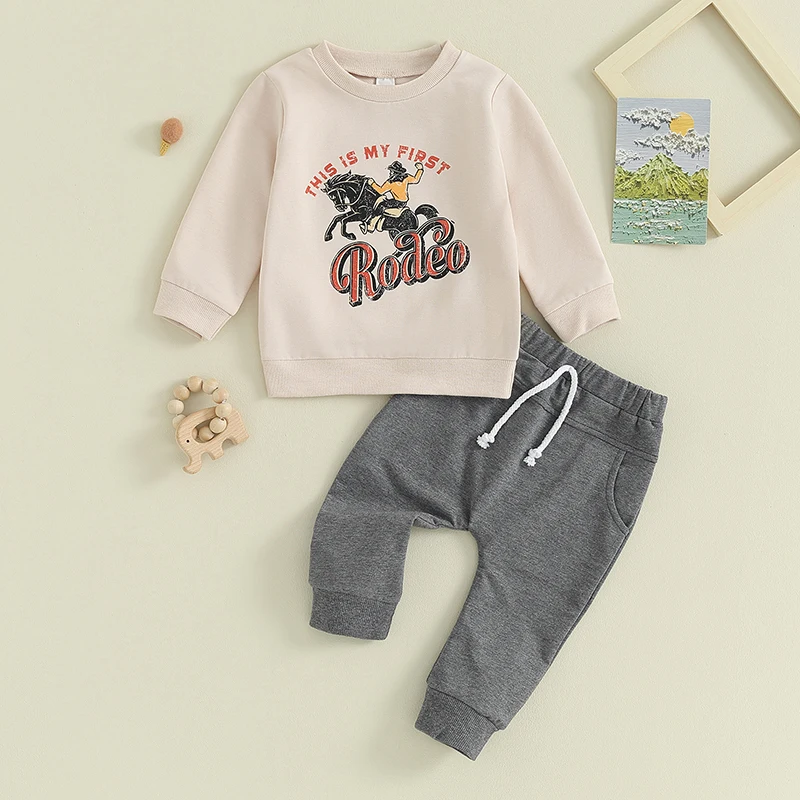 

2023-08-21 Lioraitiin 0-18M Western Baby Boy Clothes Set Long Sleeve Sweatshirt Top Jogger Pants Set Fall Winter Cowboy Outfit