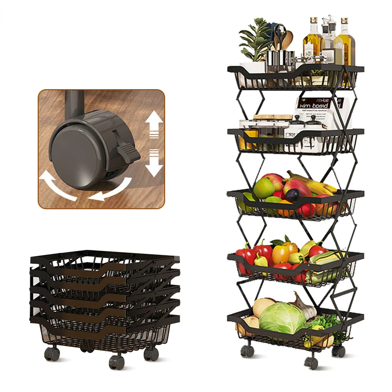 Kitchen Shelf Floor-to-ceiling Folding Vegetable Rack Multi-layer Vegetable and Fruit Basket Kitchen Supplies Storage Shelf