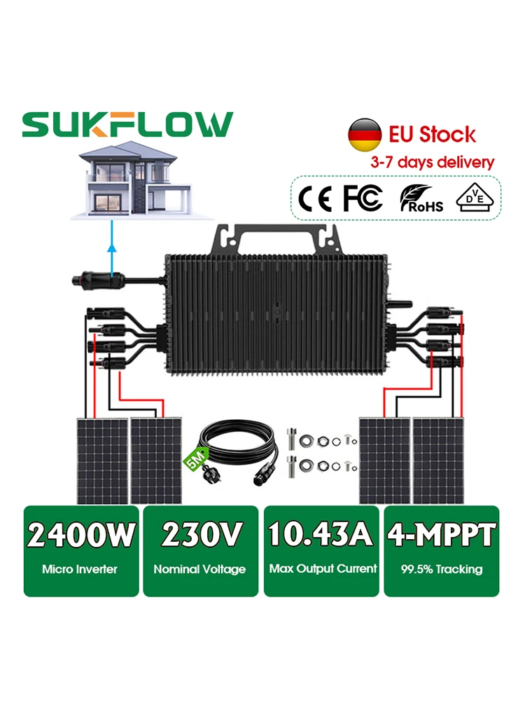 2400W Solar-Mikrowechselrichter mit WLAN-Funktion, Wasserdicht IP67, für Innen- und Außenbereich, 4 MPPT Photovoltaik-Wechselrichter 16V-60VDC zu 230VAC