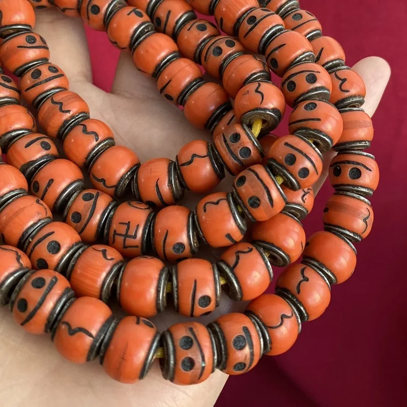 Tibetan multi-colored hand-carved silver-inlaid old material Xueba carved A-dai beads 108-piece long string bracelet accessories