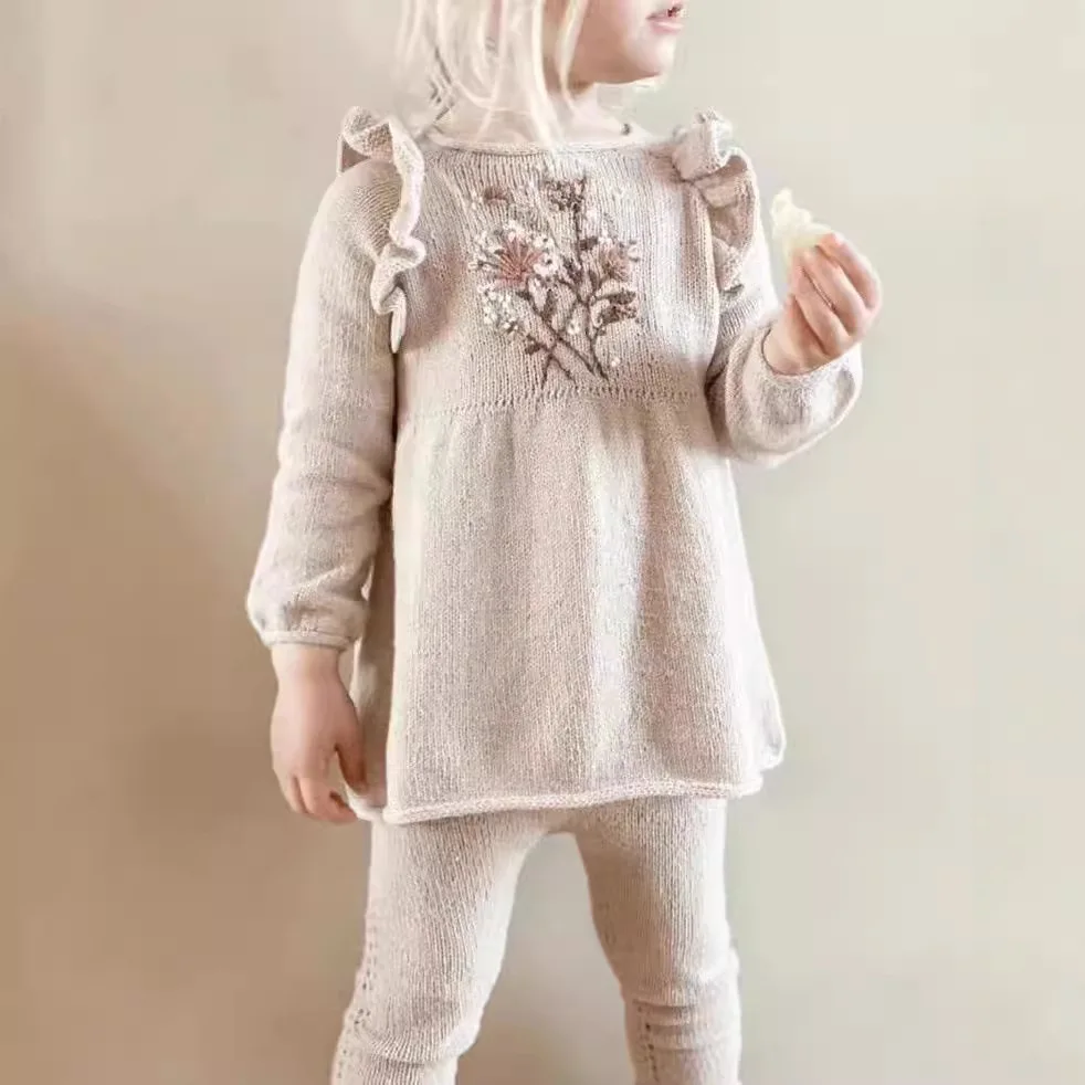 Girls Nordic Knit Dress, Autumn Winter Hand Embroidery Heavy Work Long Sleeve Base Dress, Kids Elegant Knitted Dress