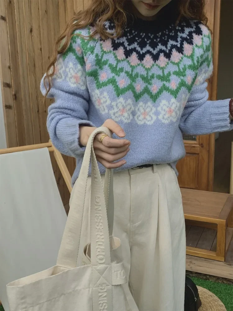 

Korobov красочные жаккардовые свитера французские джемперы контрастного цвета женская одежда Sueter Mujer корейский модный вязаный пуловер