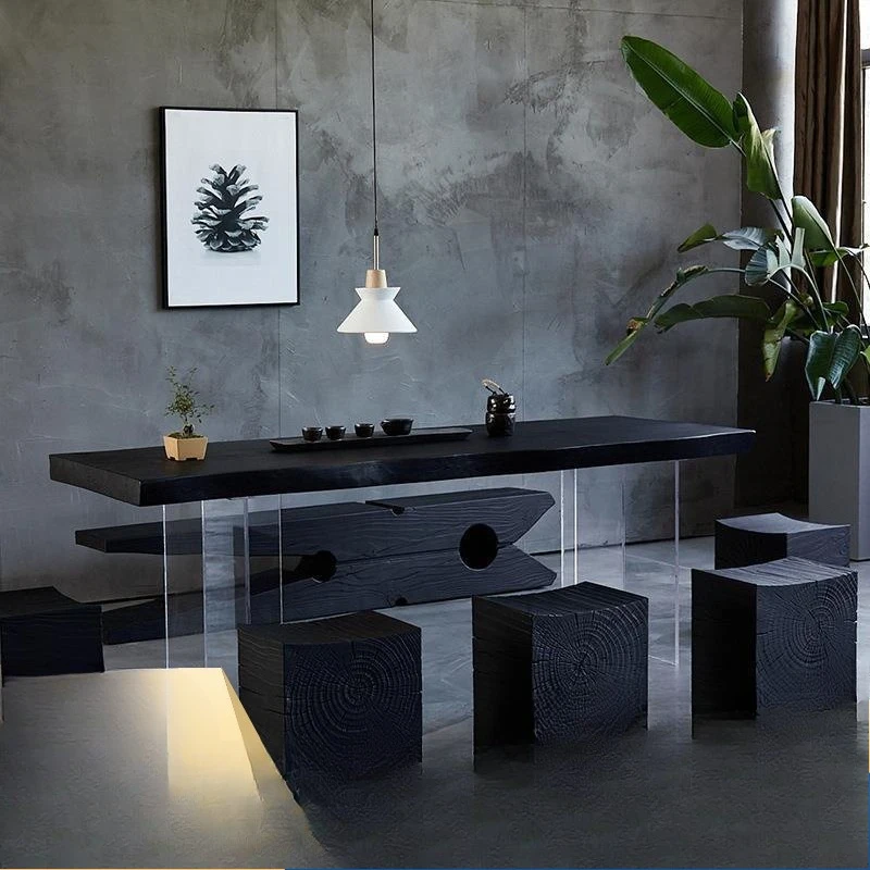 

Acrylic suspended table foot tea table wabi-sabi wind carbonized solid wood large board tea , bed and breakfast log black dining