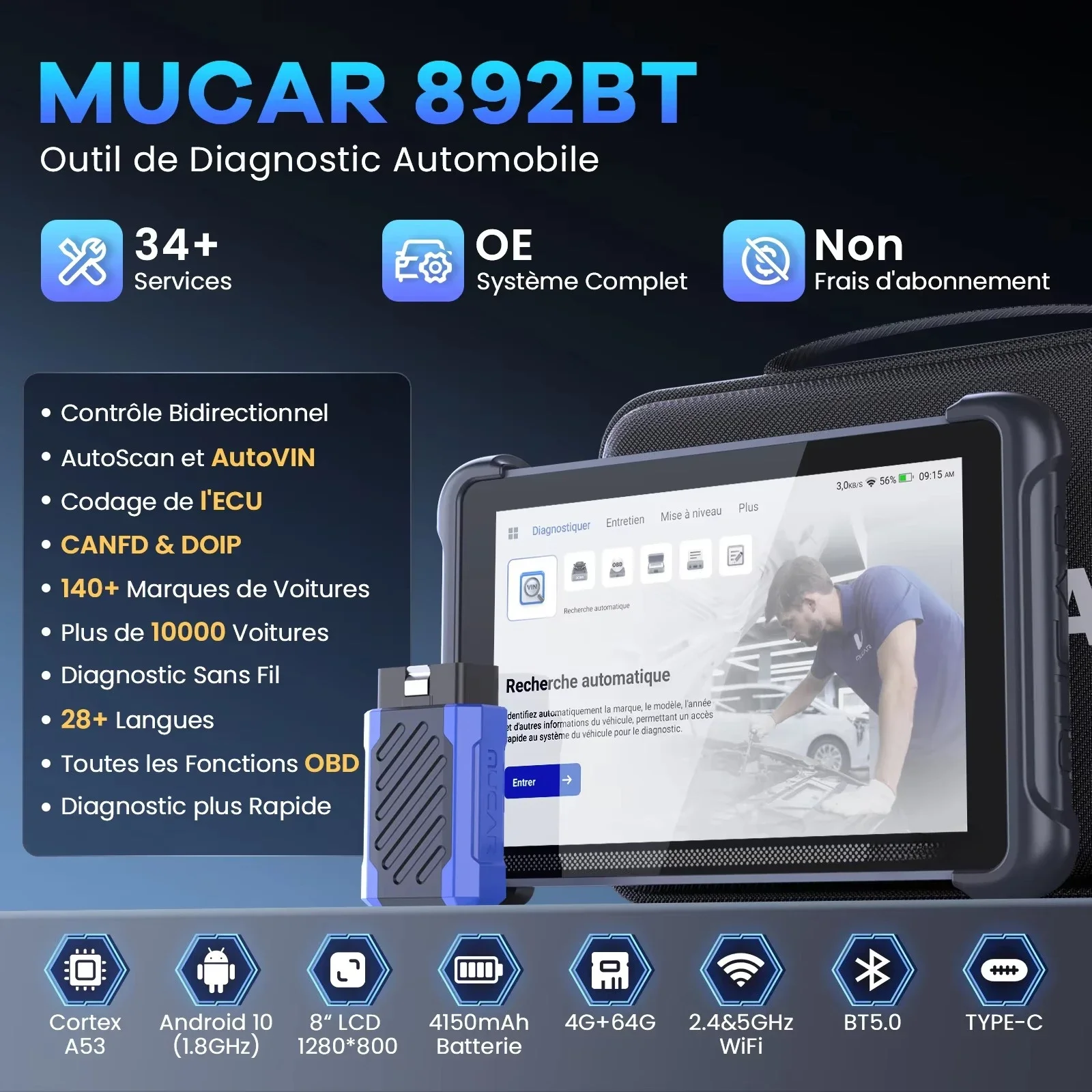 MUCAR 892BT 35 Resets Free Update Professional CANFD DOIP Outil De Diagnostic Intelligent AI Full System OBD2 Car Scanner