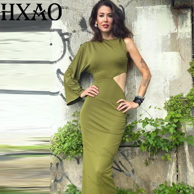 HXAO ชุดเดรสสีเขียวของผู้หญิงคัตเอาท์ฤดูร้อนชุดยาวไหล่เดียวแขนยาวชุดเดรสปาร์ตี้หรูหราบอดี้คอนรุชชุดมิดิ
