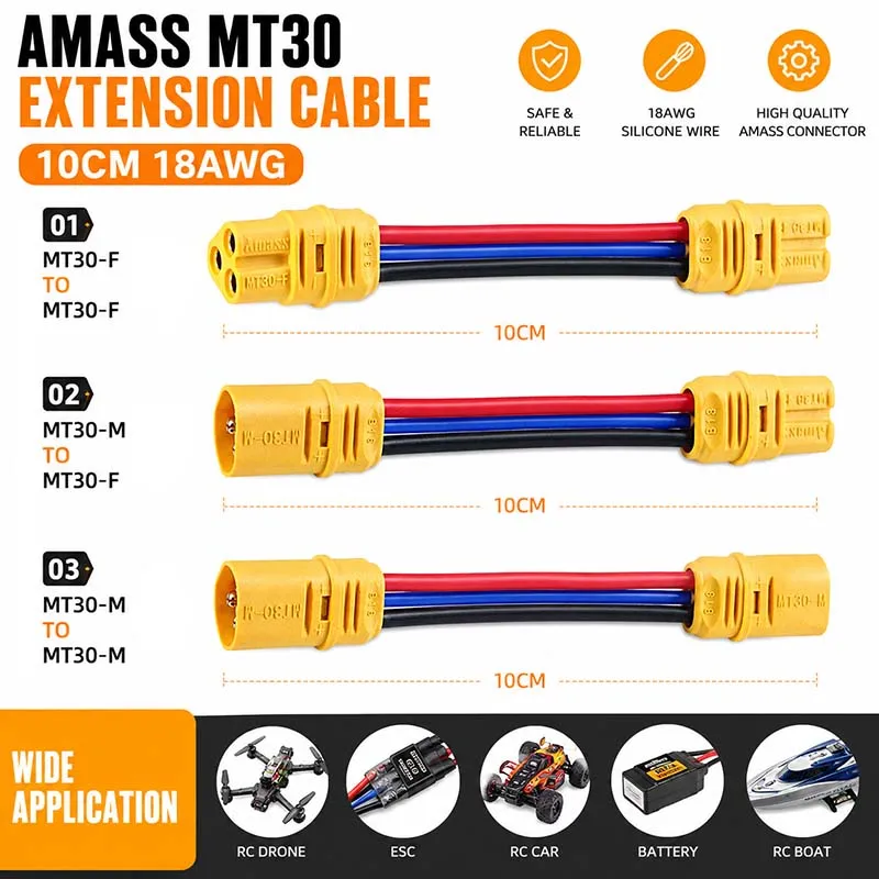 Amass MT30 3pin LiPo Battery Charger Extension Cable Adapter Connector Plug for RC Drone FPV Quadcopter Airplane RC Models