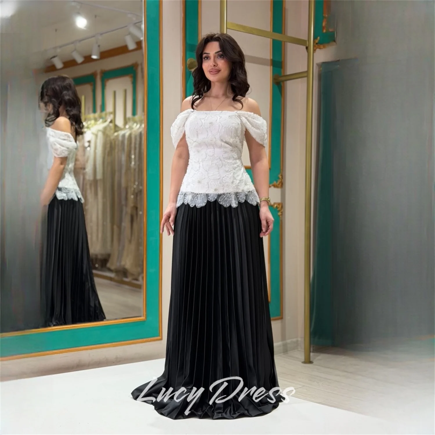 

Lucy Lace Off The Shoulder Black A-Line Evening Dress 2026 Prom Dress Pleated Elegant Formal Evening Gown Robes de Soiree