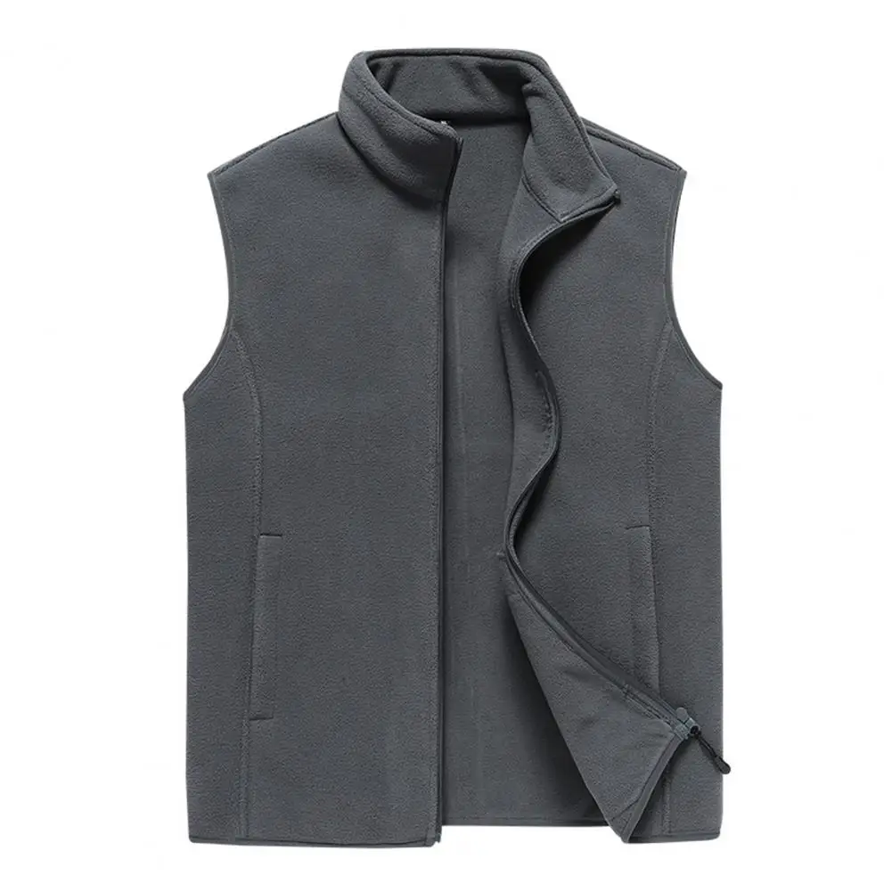 Men Vest Solid Color Sleeveless Stand Collar Fleece Autumn Waistcoat for Daily Wear