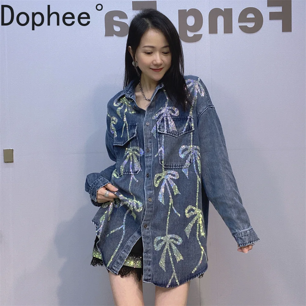 

Glistening Bow Hot Drilling Female Denim Shirts Spring Autumn Loose Mid-long Cardigans Coat Women Casual Long Sleeve Blouses