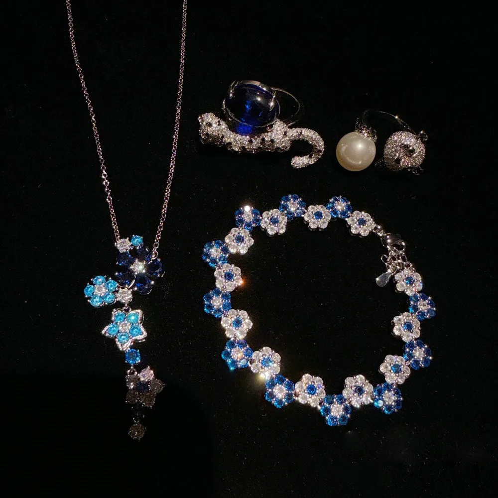 

Women Vintage Royal Blue Flower Gemstone Bracelet Necklace Set