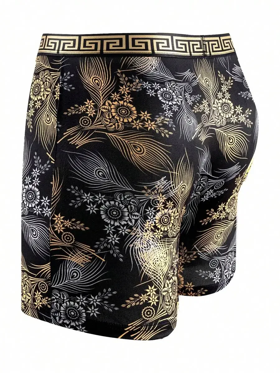

Mens Fashion Long Boxer Shorts With Peacock Floral Print Breathable Thin Underwear