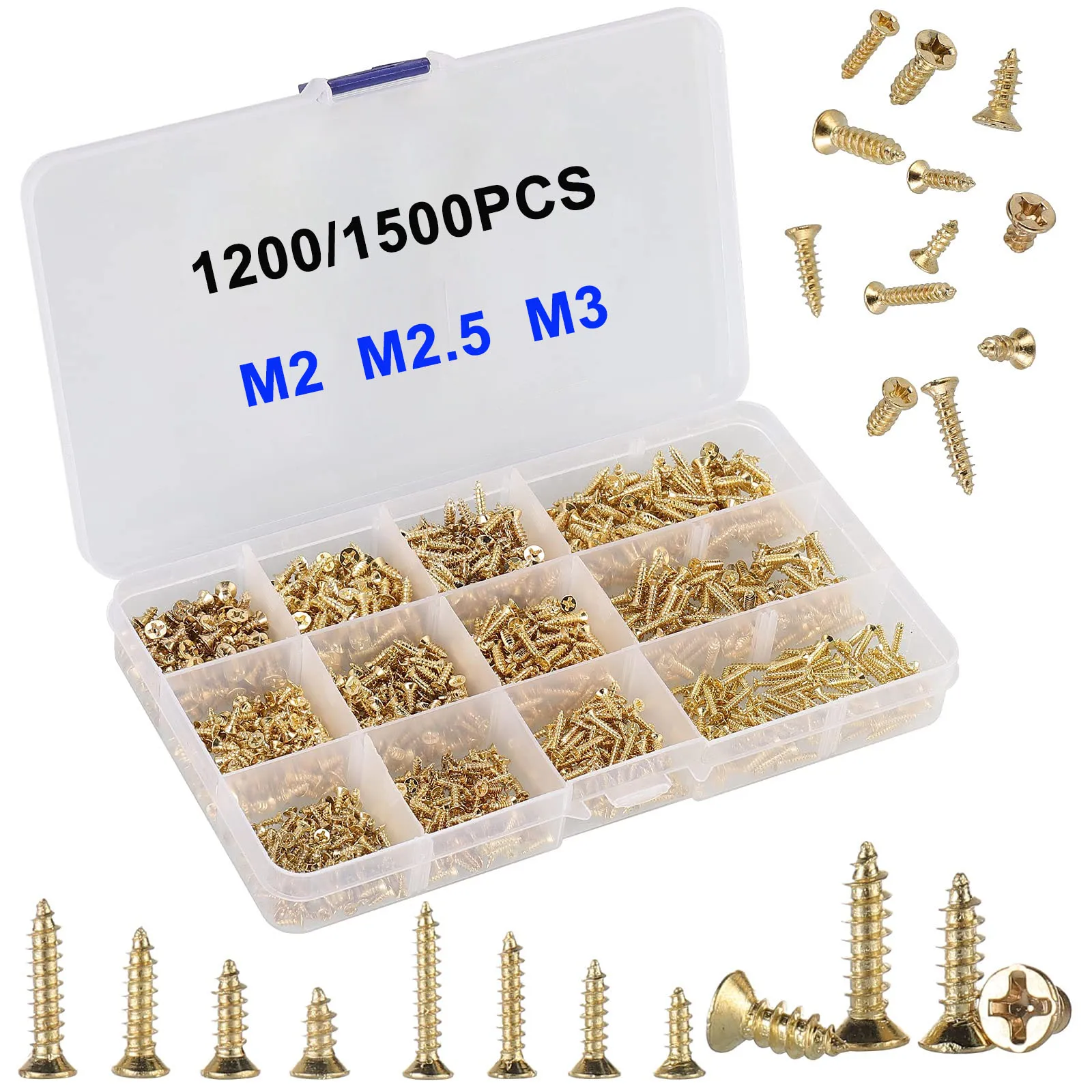 

M2 M2.5 M3 Micro Mini Small Screws Set Phillips Flat Head Cross Self Tapping Tiny Screw Kit Cabinet Accessories Gold 1200pcs