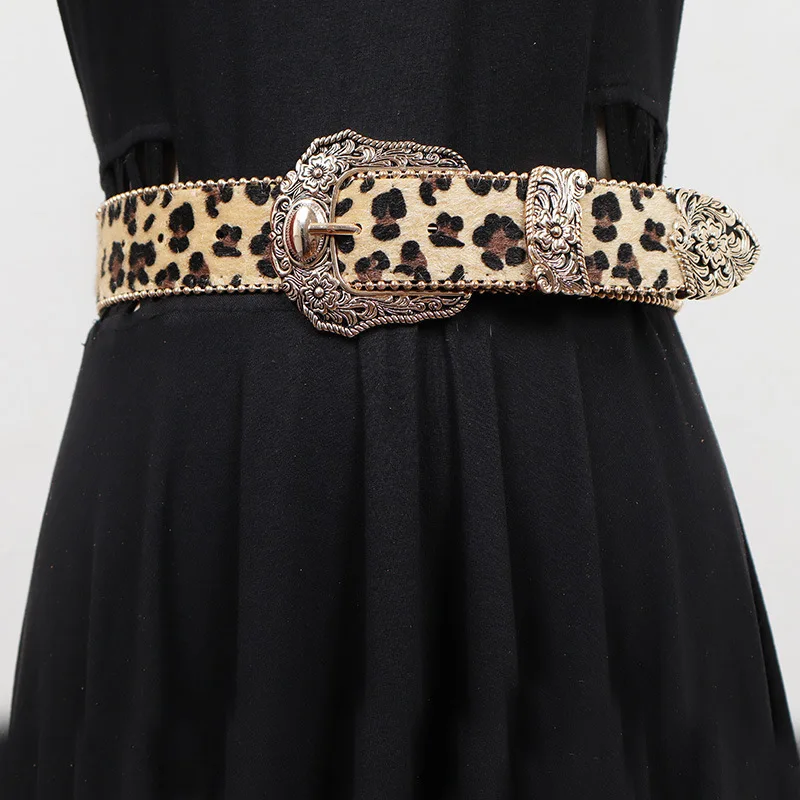 Sexy Spice court Western style Ladies belt 2024 new niche design retro leopard print overcoat decorated jeans belt