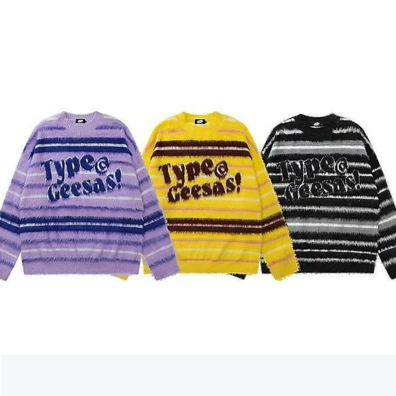 

Свободный пуловер в американском стиле ретро для пар, осень 2026, новый модный пуловер в полоску с допамином, свитер для мужчин и женщин