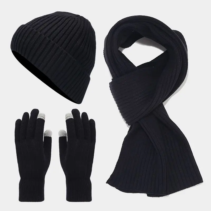 Men Winter Beanie Hat Scarf Gloves Set 3pcs Solid Color Fleece Lined Thickened Winter Cap Long Scarf Gloves Set for Men