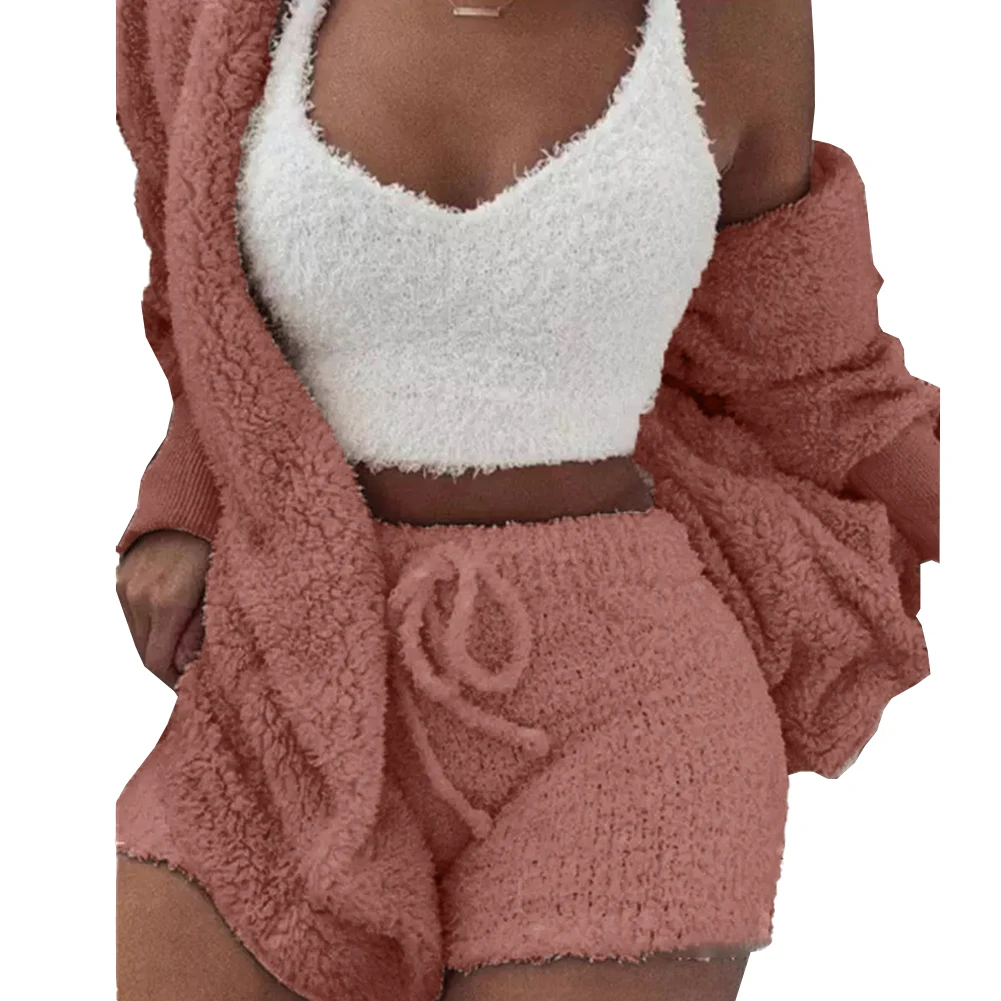 Sexy Womens Fleece Fluffy Fur Coat Deep V Neck Plush Tank Top Shorts Pyjamas Set Lounge Wear Loose Casual Keep Warm Nightwear