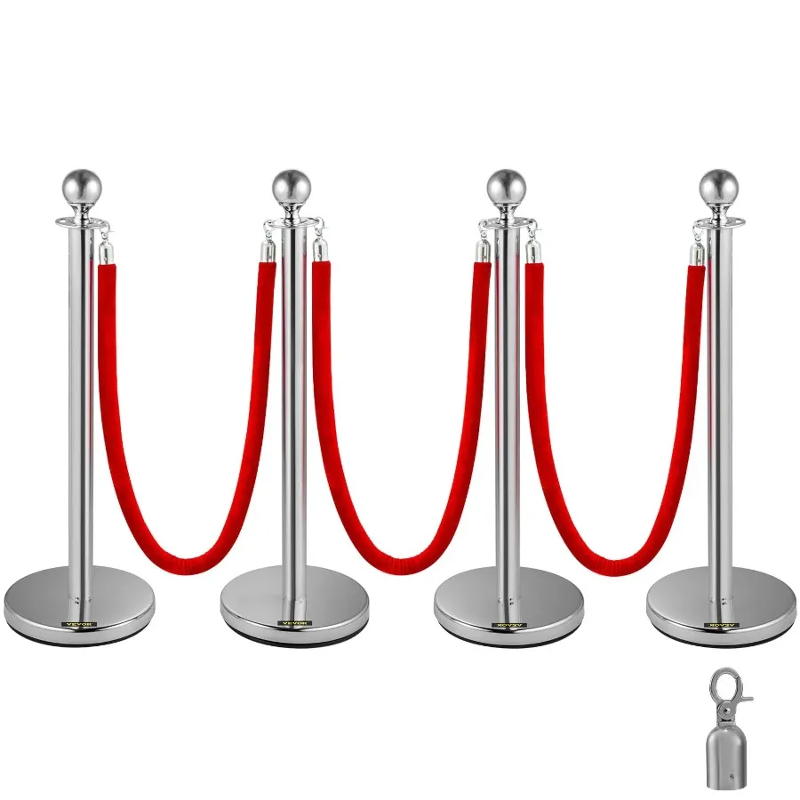 

38 Inch Stanchion Posts Queue Red Velvet Rope 3 Silver