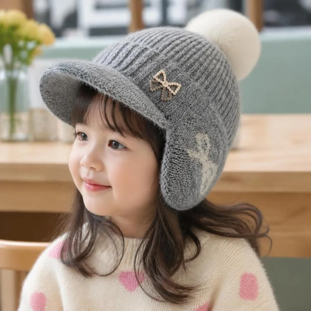 Cozy Thickened Kids Knit Hat Duck Tongue Windproof Earflap Beanie Cap Bow Embroidery Pom Pom Winter Warm Hat Sno