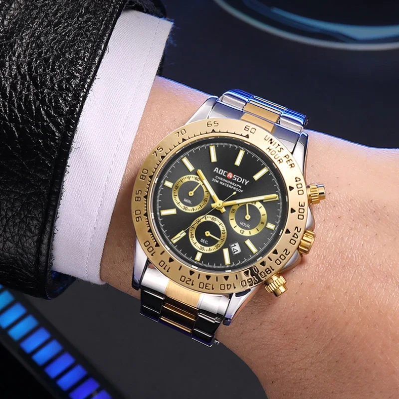 Reloj dorado de moda con calendario y luz nocturna, reloj de cuarzo para hombre, reloj de pulsera con tira de acero resistente al agua de lujo de alta gama, ساع