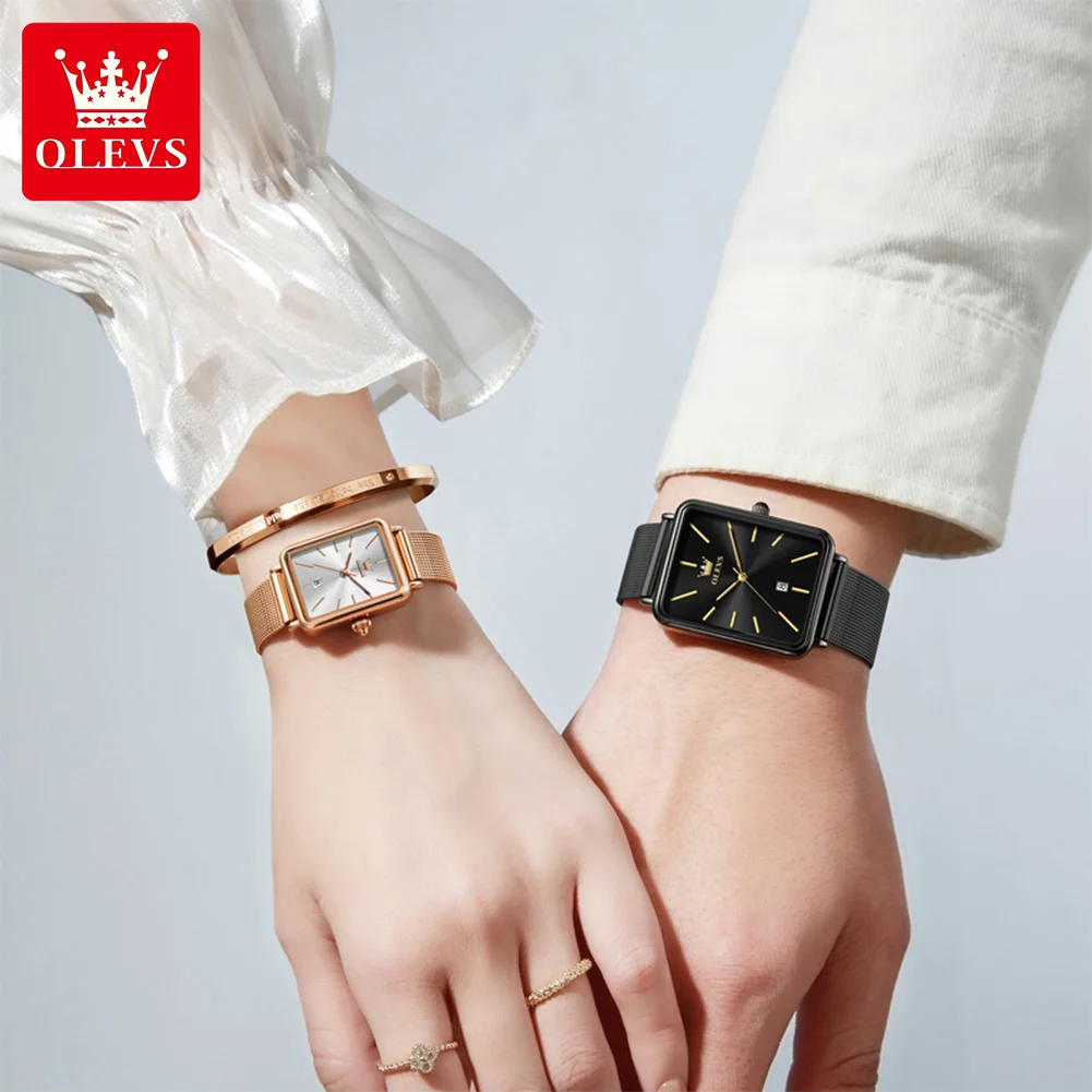 OLEVS 3692 Couple Watch Brand Simple Square Quartz Watch Ultra Thin Waterproof Luminous Calendar Men Women Dating Couple Watch