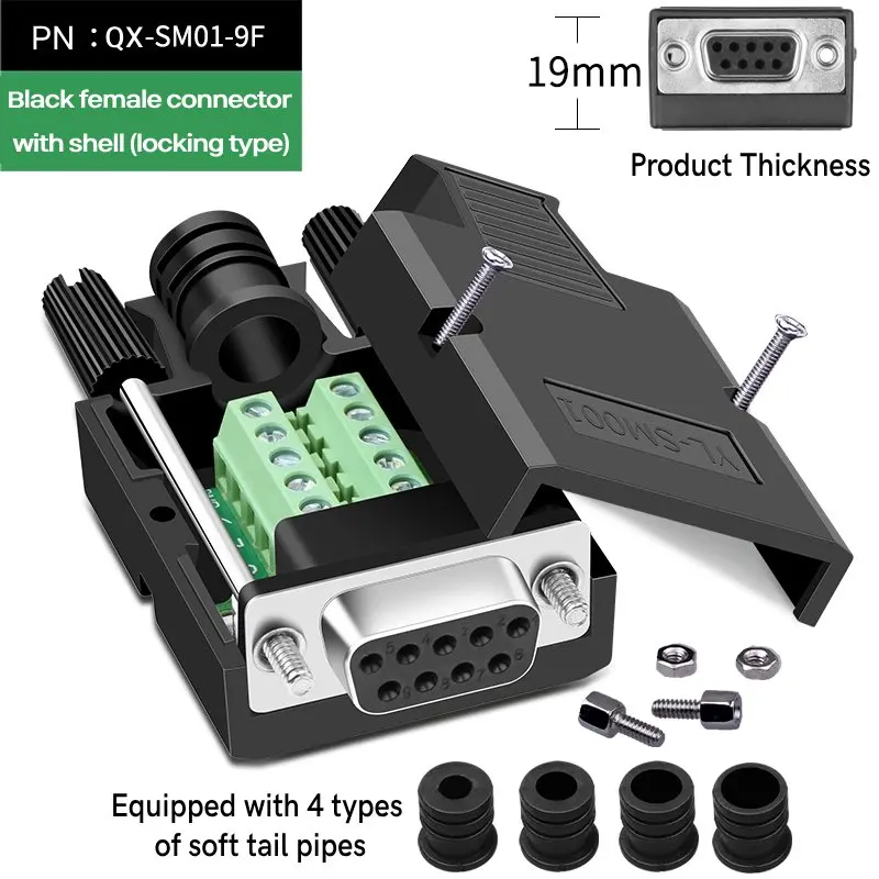 DB9 Solderless Connector Plug with Upper and Lower Cover Locking Type, 9-Pin 9-Hole RS232 COM Port Male and Female Connectors