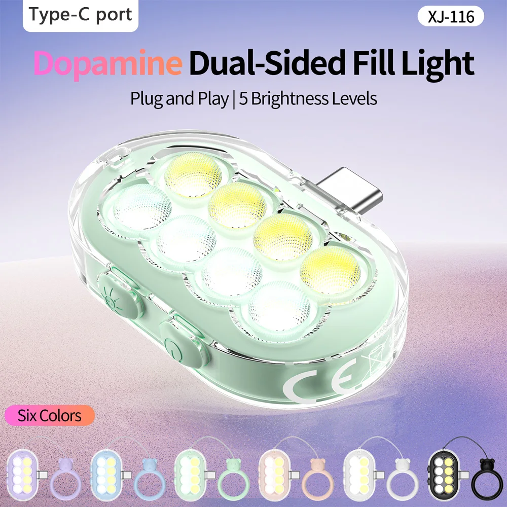 Portable Double-Sided Mini Fill Light Six Colors Type-C Port Pocket Lamp for Smartphone Selfies, Beauty Filters, and Photography