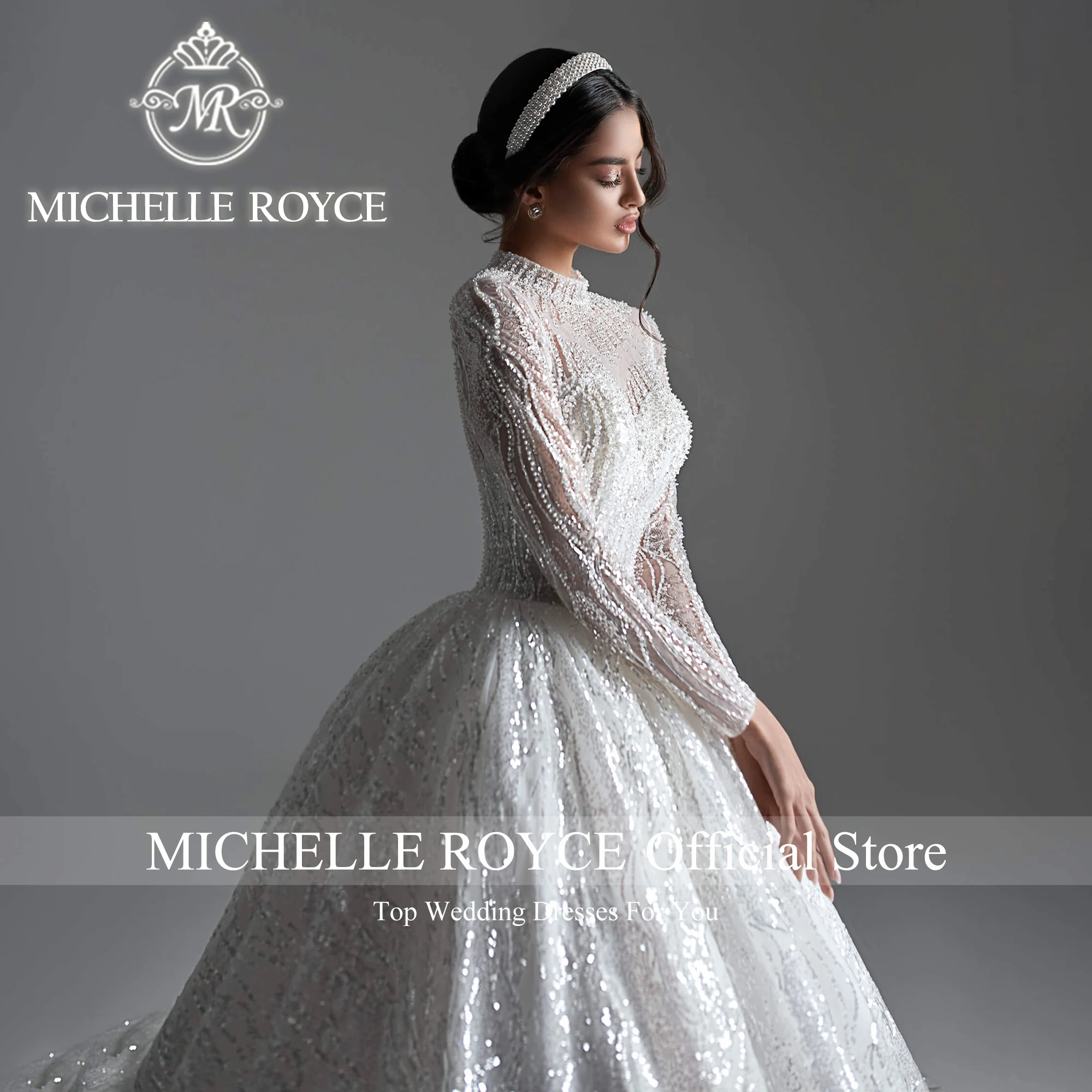 Michelle Royce Ball Gown Wedding Dresses For Women Royal O-Neck Invisible Neckline Sequined Wedding Gown Vestidos De Novia