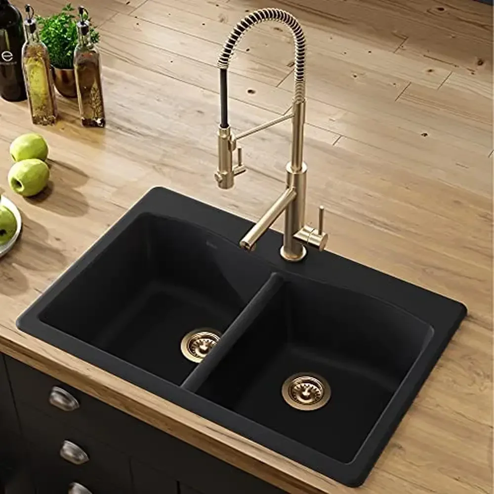Pia de cozinha de granito com montagem dupla 50/50, 33 polegadas, resistente ao impacto, sem arranhões, design elegante, versátil, conveniente, fácil de usar