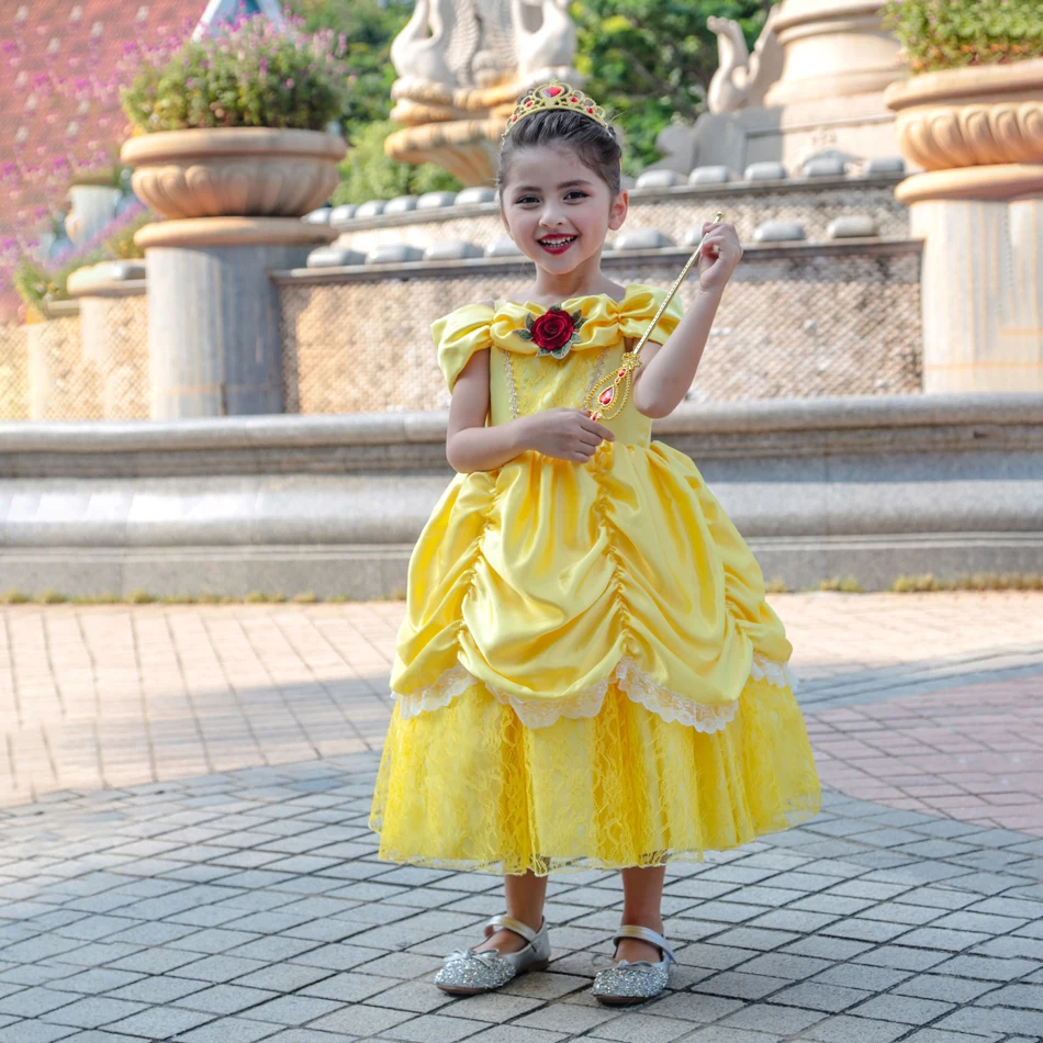 Vestido de Cosplay de bella para niñas, ropa de princesa de la Bella bestia, disfraz de fiesta con estampado de flores, hombros descubiertos, evento