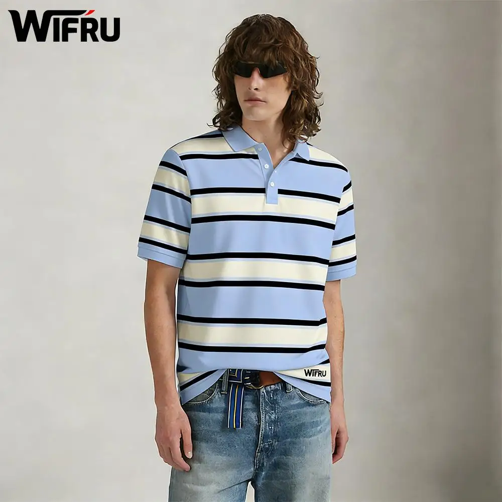 

2026 New Men's Striped Polo Shirt WIFRU Summer Casual Short Sleeve Lapel T-Shirt Breathable Fashion Streetwear Golf Tennis Tops