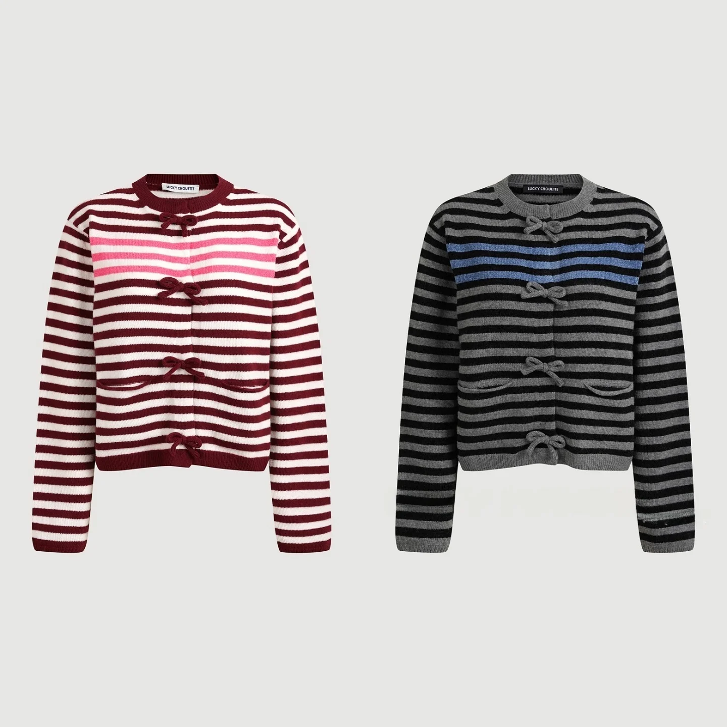Commuter Style Knitted Cardigan Soft Skin-Friendly round Neck Color Block Slimming Korean Version Top Coat with  Knot